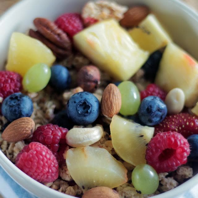 Bircher muesli with poached rhubarb and almonds